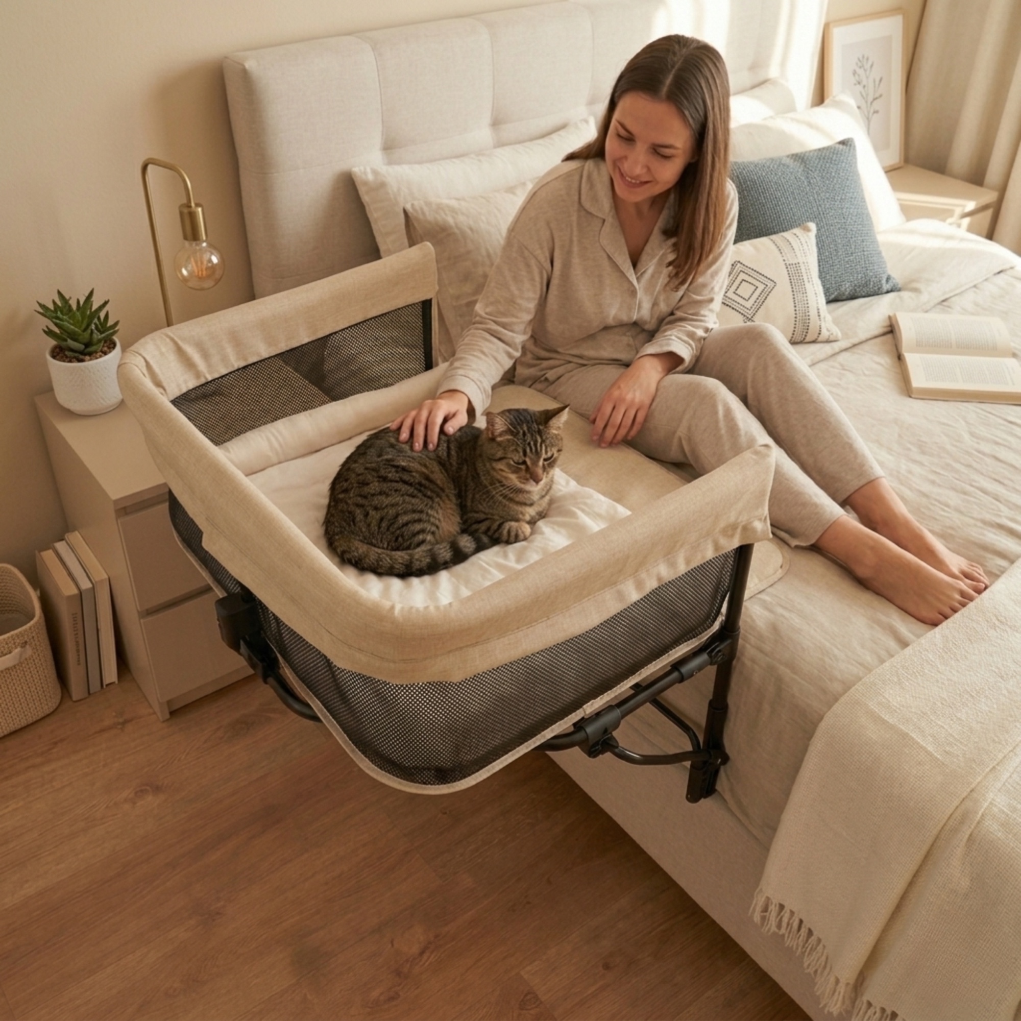 Cat resting in the bedside pet bed