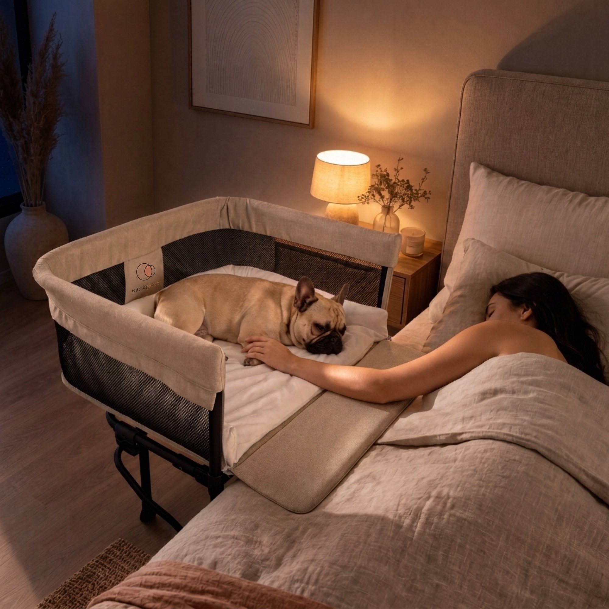 Co-sleep mode at night — dog resting in the bed attached at the bedside, owner's hand within reach