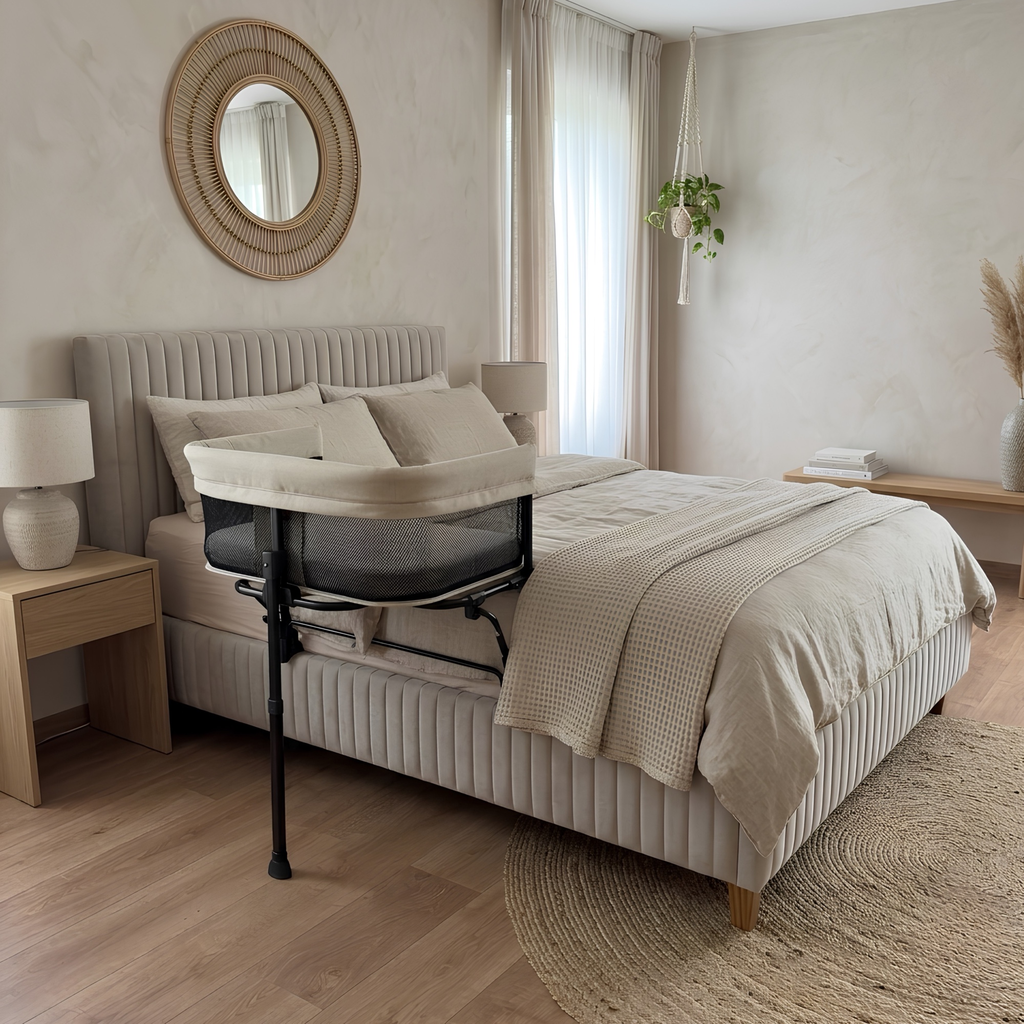 Side view of the co-sleeper attached to a bed in a styled bedroom