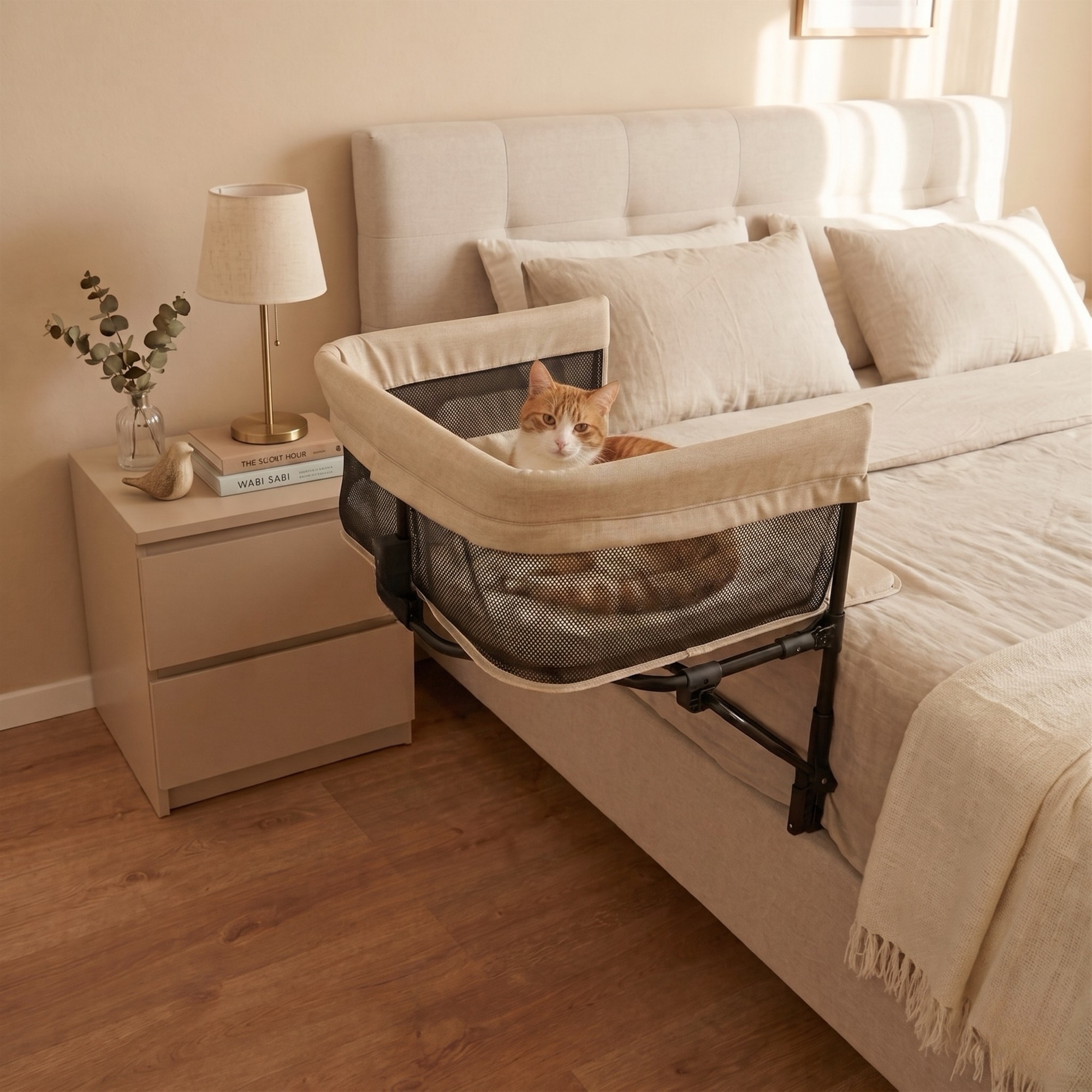 A cat resting in the co-sleeper attached at the bedside