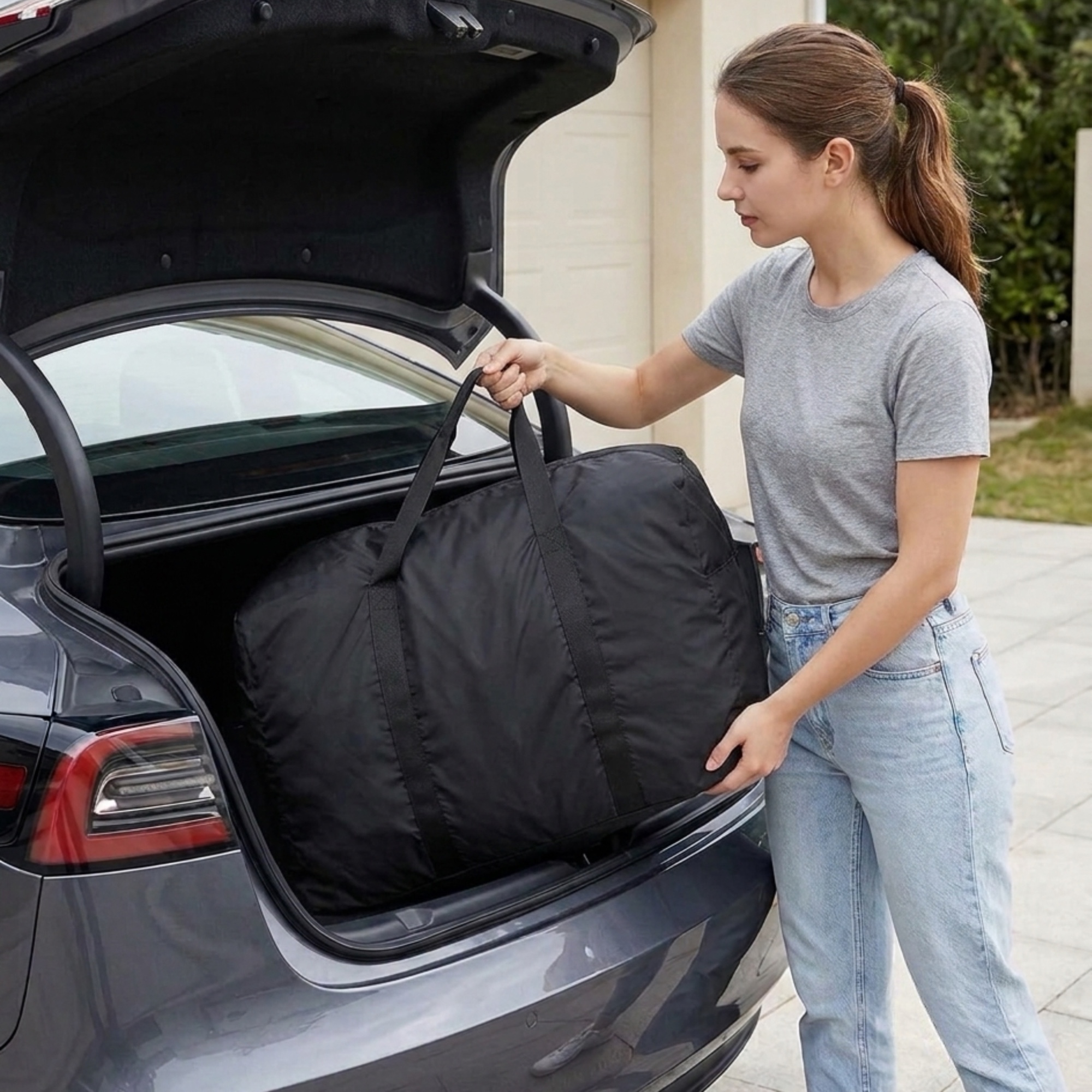 The co-sleeper packed in its travel bag and loaded into a car trunk