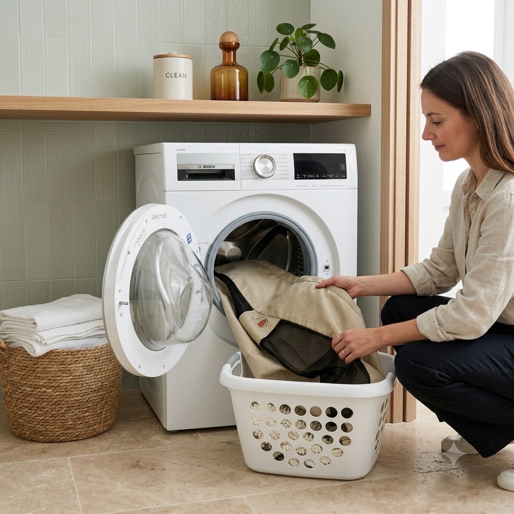 The machine-washable cover being loaded into a washing machine